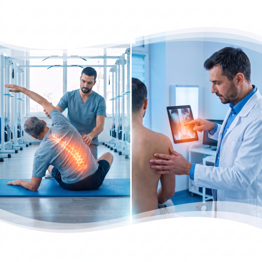 Agent Image - A split composition medical marketing image divided into two vertical connected panels